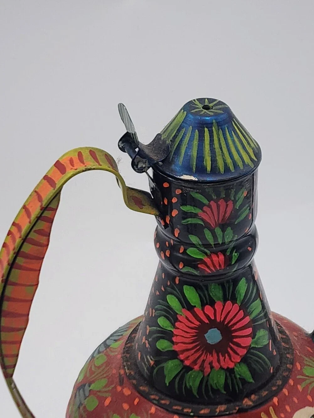 Vintage Boho Traditional Persian Folk Art Decorative Floral Motifs Tin Pitcher